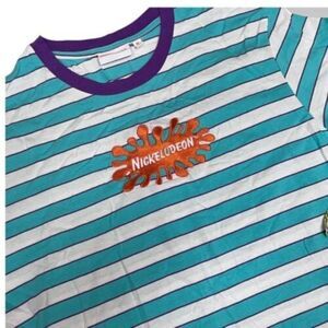 Nickelodeon T-Shirt Mens M Striped‎ Embroidered Logo Short Sleeve Slime Retro